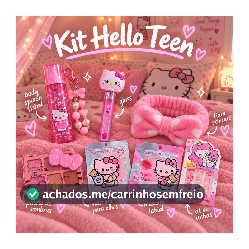 Kit Hello Teen 7 Itens Presente Com Body Splash Gloss Paleta Tiara Máscaras Unhas E Acessórios