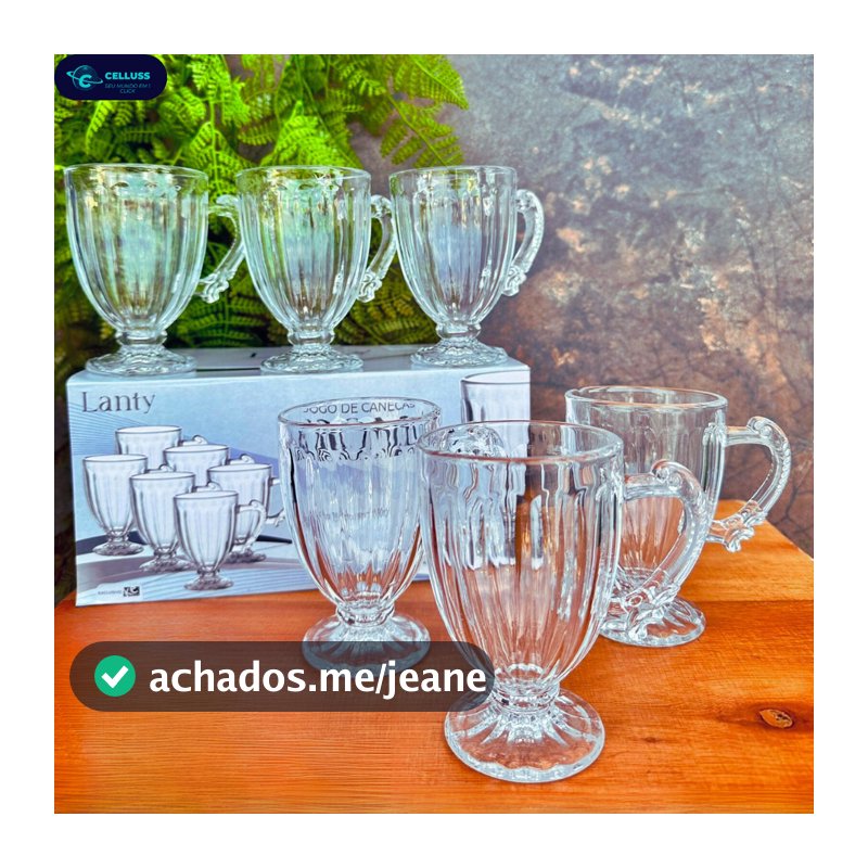 Jogo de Xícaras 6 Peças Roma C/Pé Lanty Transparentes Canecas de 190 ml Conjunto para Cha Café Taças cappuccino
