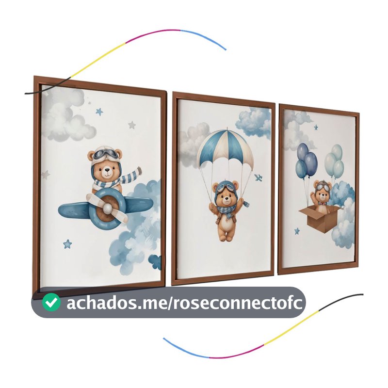 Conjunto de 3 Quadros Decorativos Infantis com moldura Urso Aviador em Azul Arte para Quarto de Bebê