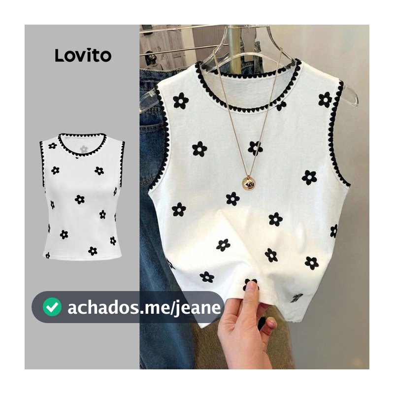 Lovito Top Casual com Acabamento Contrastante para Primavera/verão Preto e Branco para mulheres L196ED627