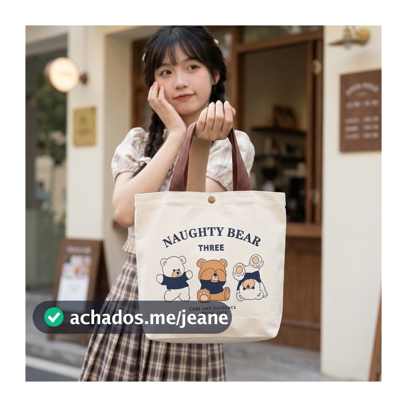 Bolsa De Mão Feminina Lona Estampa Ursinho Fofa Mini Sacola Lancheira Portátil 27x23cm
