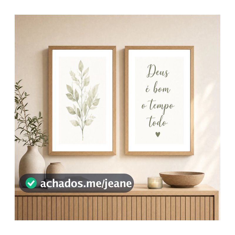 Kit 2 Quadros Decorativos Abstrato Folhagens Neutro Deus é bom o tempo todo Moldura e Vidro Sala