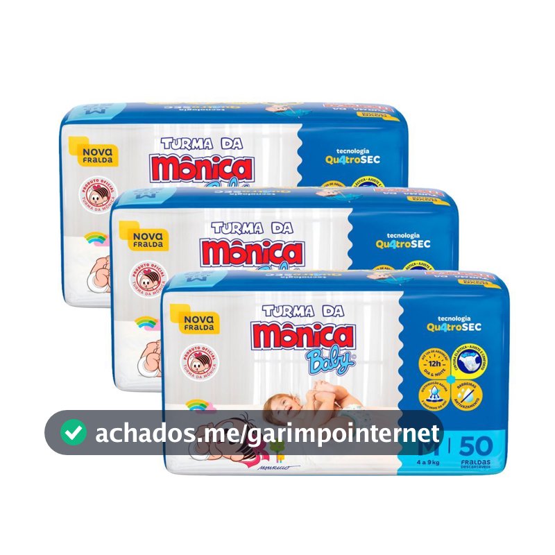 Kit 3 Fralda Infantil Turma da Mônica Baby Mega Tamanho M 50 Fraldas Descartáveis