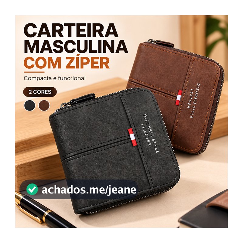 Carteira de Couro com Zíper e Porta-Cartões, Multifuncional e Compacta, Novo Estilo Porta-Cartõ