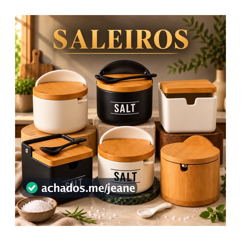 Saleiro de Porcelana Porta Sal Açucareiro Temperos com Tampa Bambu e Colher Preto e Branco