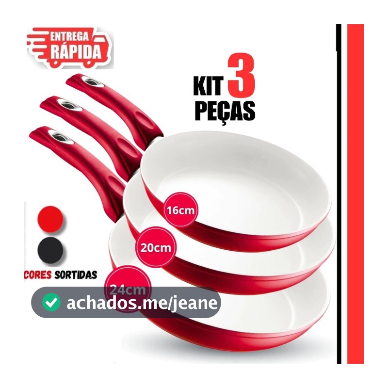 Kit 3/2/1 Frigideiras 16cm 20cm 24cm, em Cerâmica Antiaderentes  Cabo Ergonômico Revestimento Cerâmico PRETO OU VERMELHO