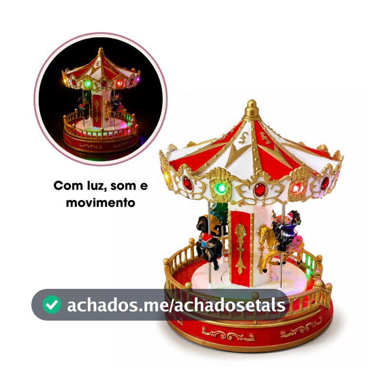 Carrossel Natalino com Luz Som e Movimento para Vila Natalina Decoração Natal Encantado 22cm