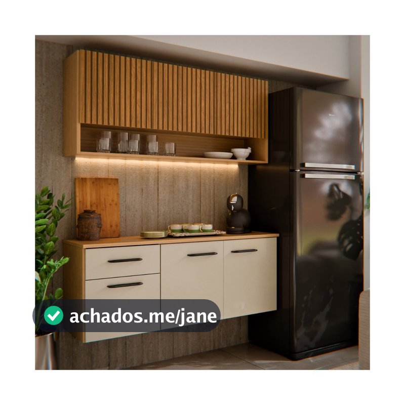 Armário de Cozinha Completo 6 Portas Ripado 3D com Balcão e Aéreo Suspenso Cozinha Compacta Eliza