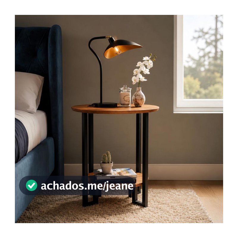 Mesa Apoio Redonda 2 Tampos MDF Pés Metal Preto – Mesa de Apoio Moderna Sala/Quarto