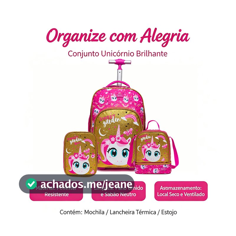Kit Completo Mochila Lancheira Estojo Rosa Escolar Unicórnio Menina Rodinhas Spector