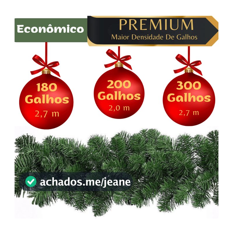 Festão Aramado Natal 2,0m/2,7m 180/200/300 Galhos Ramificados Verde Decoração Natalina Enfeite