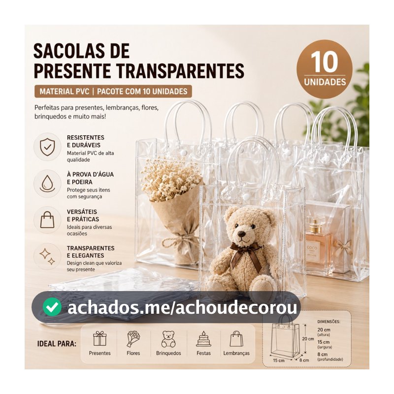 10/20/30 Sacolas Transparentes PVC com Alça e Botão Reutilizáveis Impermeáveis para Festas, Brindes e Casamentos