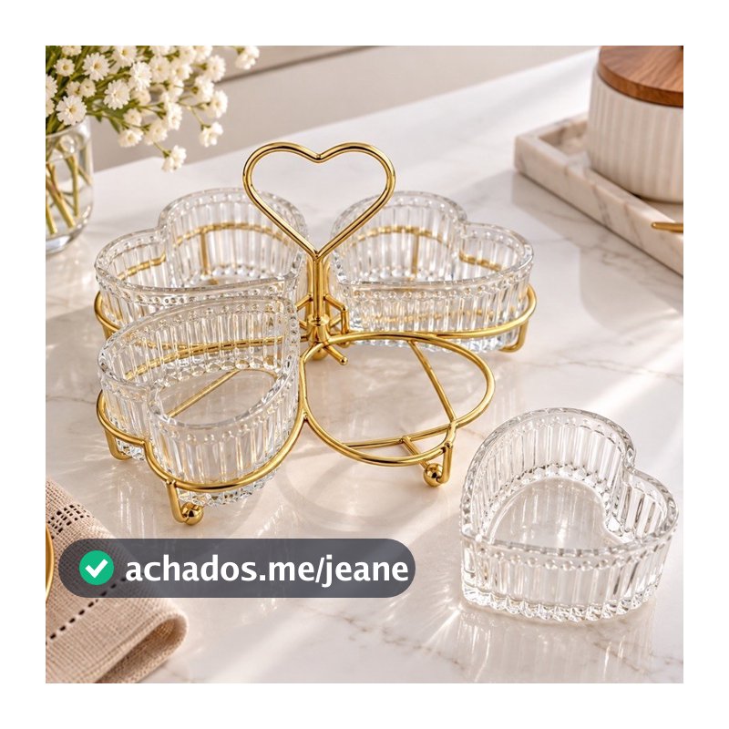 Porta Petiscos 4 Divisórias de Vidro Coração com Suporte Dourado para Doces Snacks e Aperitivos