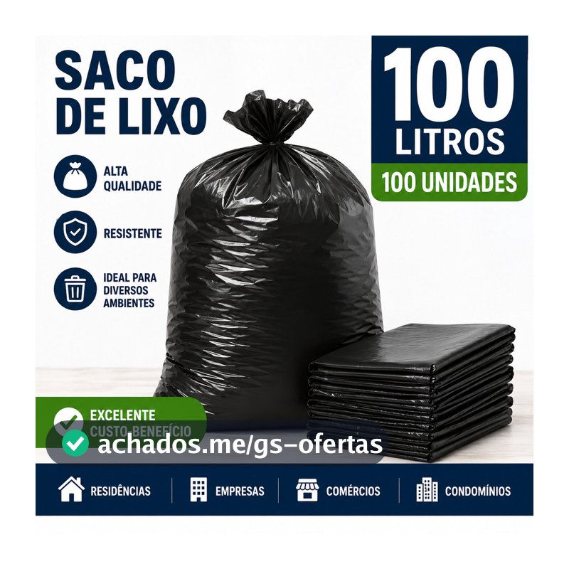 Saco de Lixo 100 Litros 100 Unidades Preto Alta Qualidade Resistente 100L