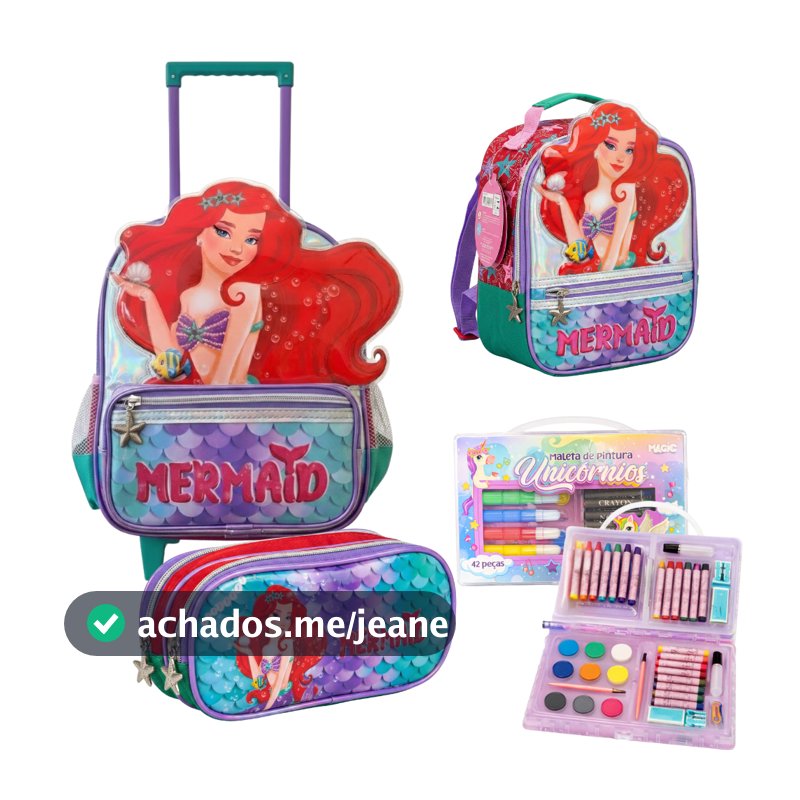 Kit Mochila Infantil Menina com Rodinhas Lancheira Termica Estojo e Kit Escolar com 42 Peças Sereia