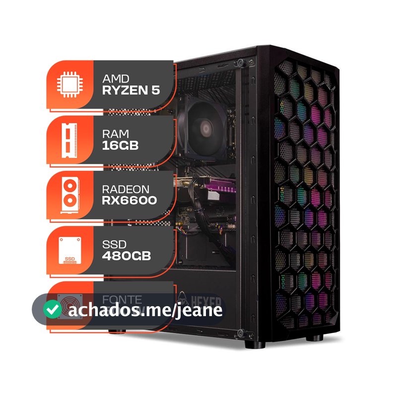PC Gamer Spectrum, AMD Ryzen 5 5500, Radeon RX 6600 8GB, 16GB DDR4, SSD 480GB, Fonte 500W 80 Plus