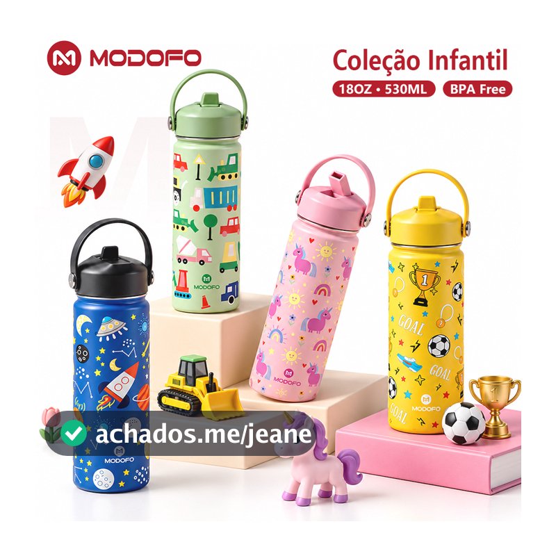 Garrafa Térmica Infantil MODOFO 530ml Inox 304 Antivazamento com Canudo e Alça para Escola e Passeios