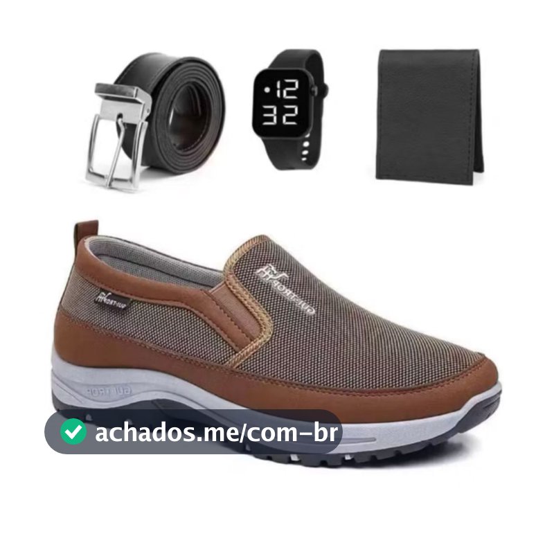 Sapatilha Mocassim Casual Adventure de Trilha Aquático Resistente com Solado Macio Confortável  + Carteira Cinto Relogio