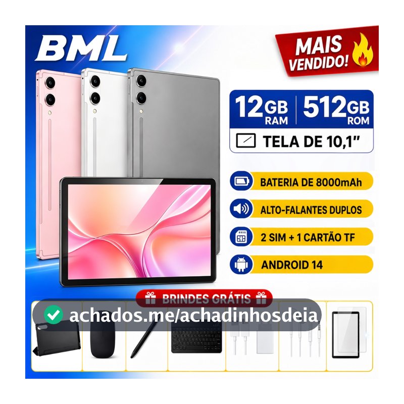 Tablet premium com teclado e mouse inclusos, configuração potente 12GB de RAM, 512GB de armazenamento e conectividade 5G