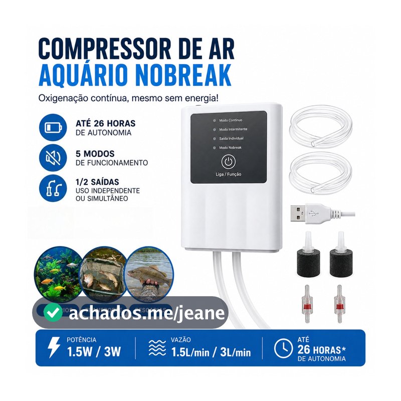 Oxigenador Aquário Nobreak Com 1/2 Saídas De Ar - Bivolt 1.5W/3W USB 2600Mah