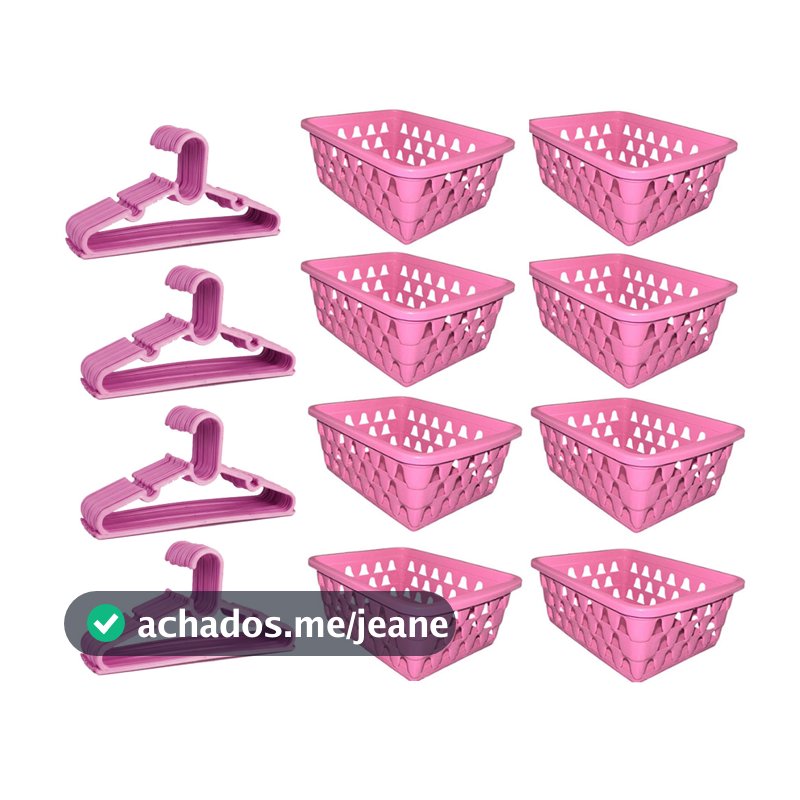 Kit 20 Cabides Infantil e 10 Cestos Organizador Guarda Roupa Rosa Branco Azul