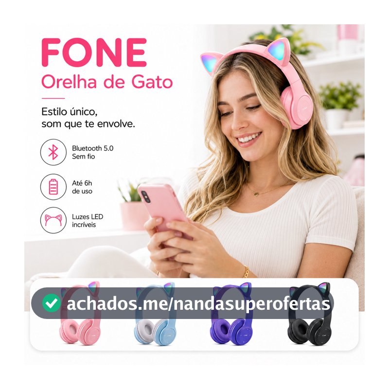 Fone De Ouvido Bluetooth Sem Fio Orelha De Gato LED Gamer Dobrável Som HD Microfone PC