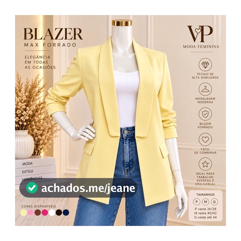 Blazer Feminino Max Forrado Alfaiataria Elegante Manga Longa Social Casual Trabalho P M G