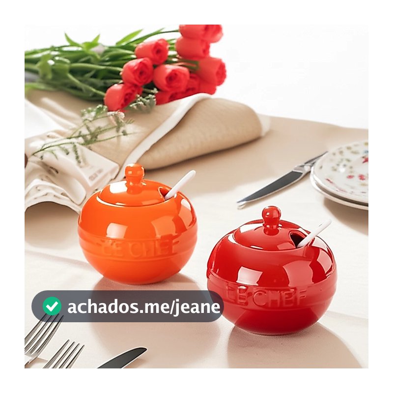 Açucareiro de Cerâmica Le Chef Porta Açúcar Tampa e Colher 300ml