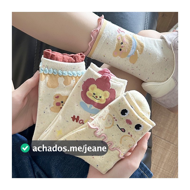 3/6/12 Pares Meias Femininas Cano Médio Algodão Estampadas Fio Mesclado Kawaii Confortáveis Moda Casual Tamanho 35-40