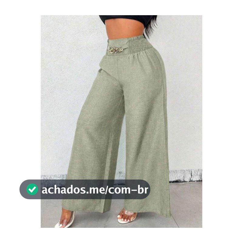 Calça Pantalona Social Feminino De Linho Com Cinto Fake e Cintura Alta e Bolsos