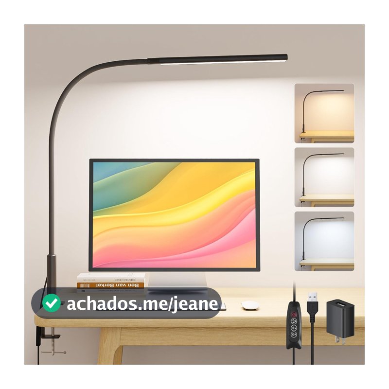 Luminária de mesa com clipe e ângulo ajustável três cores ajustáveis.