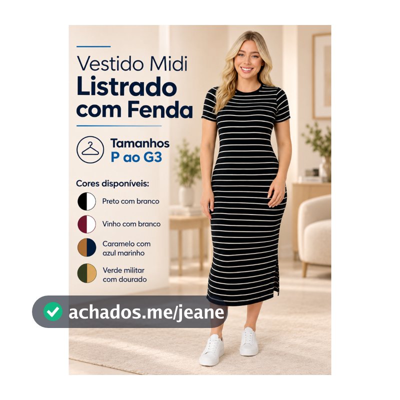 Vestido Midi Feminino no viscolaycra  Listrado com Fenda Lateral