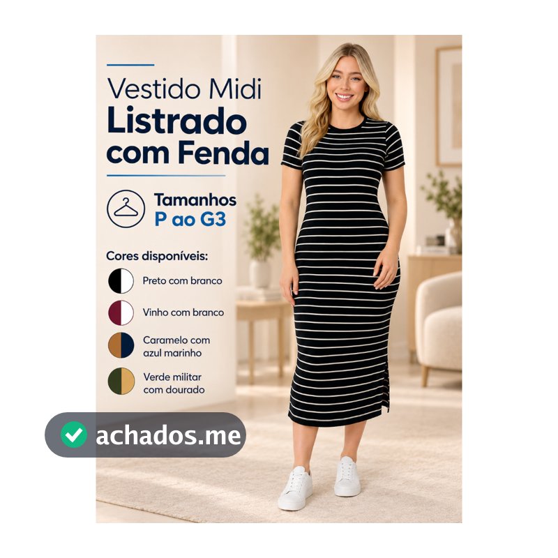 Vestido Midi Feminino no viscolaycra  Listrado com Fenda Lateral