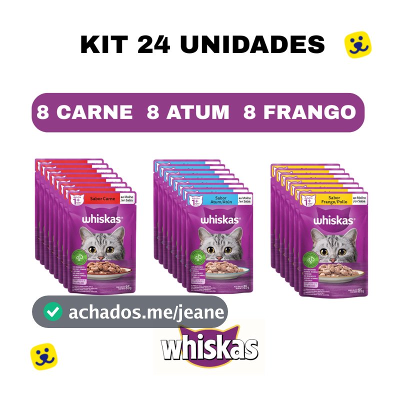 Kit 24 unidades Whiskas Sachê 85g Sachê para Gatos Adultos Sabores Frango Atum Carne Alimento Úmido