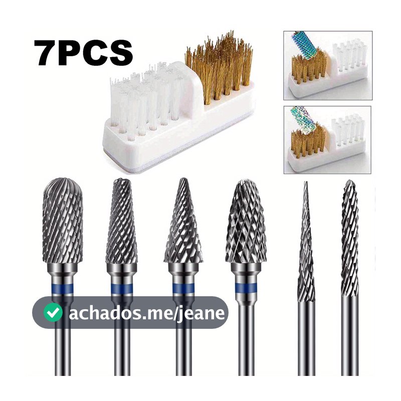 Kit de 7 peças de broca para unhas de carboneto de tungstênio com escova de limpeza (3/32), ferramentas profissionais