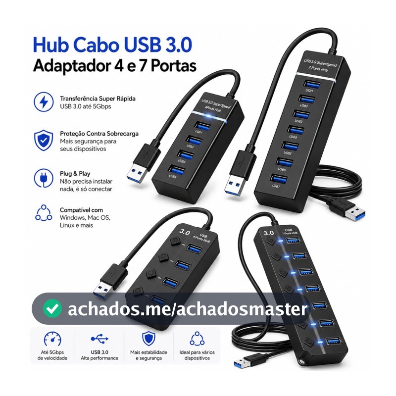 Hub Cabo USB 3.0 Adaptador 4 e 7 Portas Alta Velocidade Notebook PC Teclado 5Gbps Speed Pen Drive