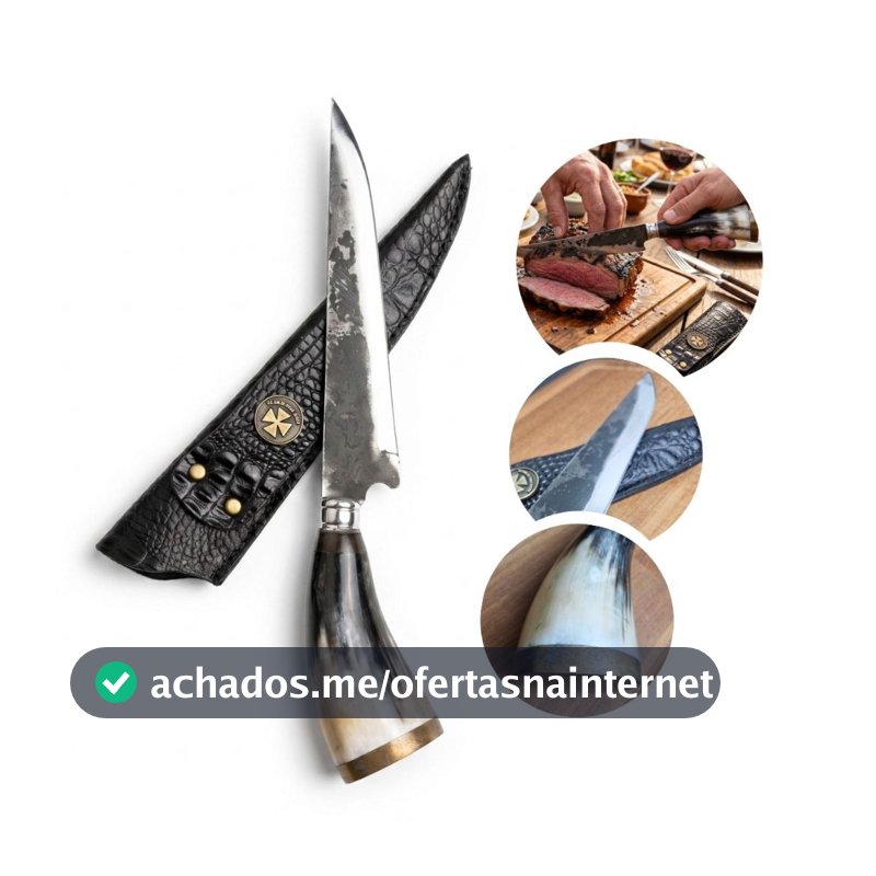 Faca Artesanal Churrasco Aço Carbono 9" Polegadas Cabo de Chifre de Boi Bainha de Couro Profissional