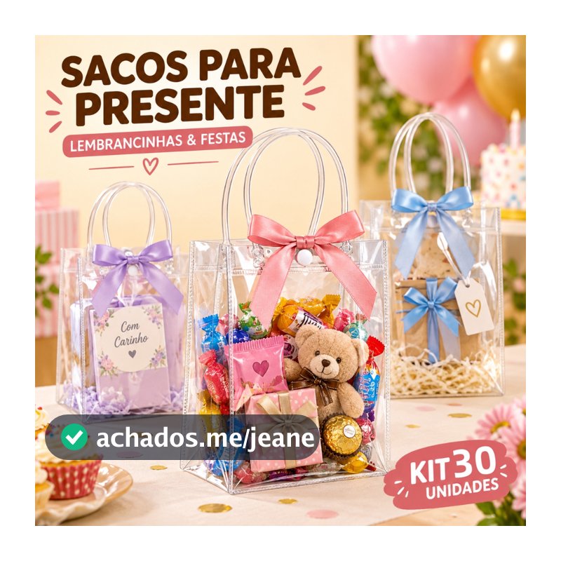 Sacola Transparente para Presente PVC Reutilizável Kit 10 20 30 Unidades Lembrancinhas Festa Embalagem