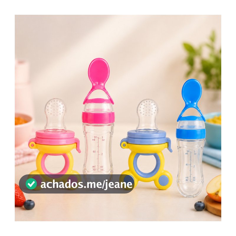 Kit Alimentação Chupeta Mordedor Bebê Porta Frutas e Mamadeira de Silicone com Colher Dosadora