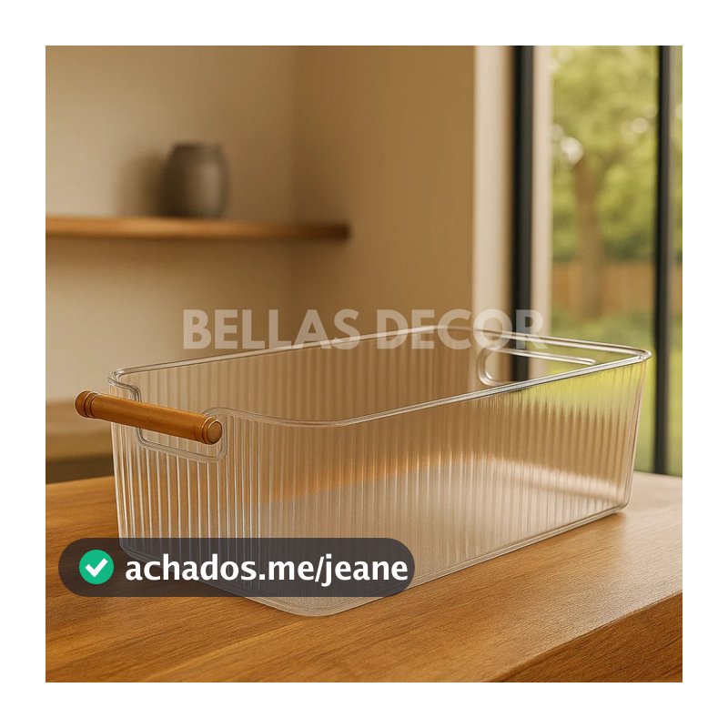 Cesto Organizador de Acrílico Transparente com Alça de Bambu – Cozinha, Banheiro e Escritório