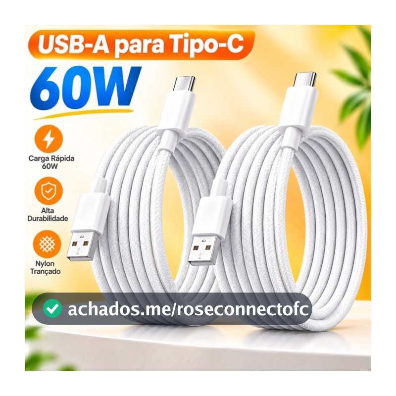 Cabo Carregador USB para Tipo-C 1 Metro Trançado Rápido, Compatível com iPhone 15 e Celulares Android --USB-A para USB-C