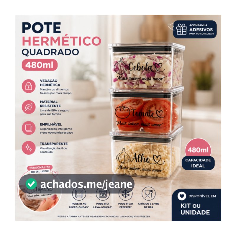 kIT 3 Potes 480ml Organizadores Herméticos Acrilico Geladeira Cozinha Porta Tempero Alho Cebola Tomate