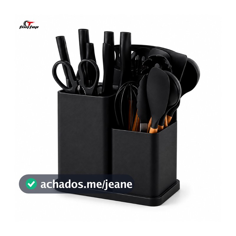 Kit Completo Jogo de Cozinha Luxo 19 Peças Com Tábua em Silicone Espátula Faca Tesoura Utensílios