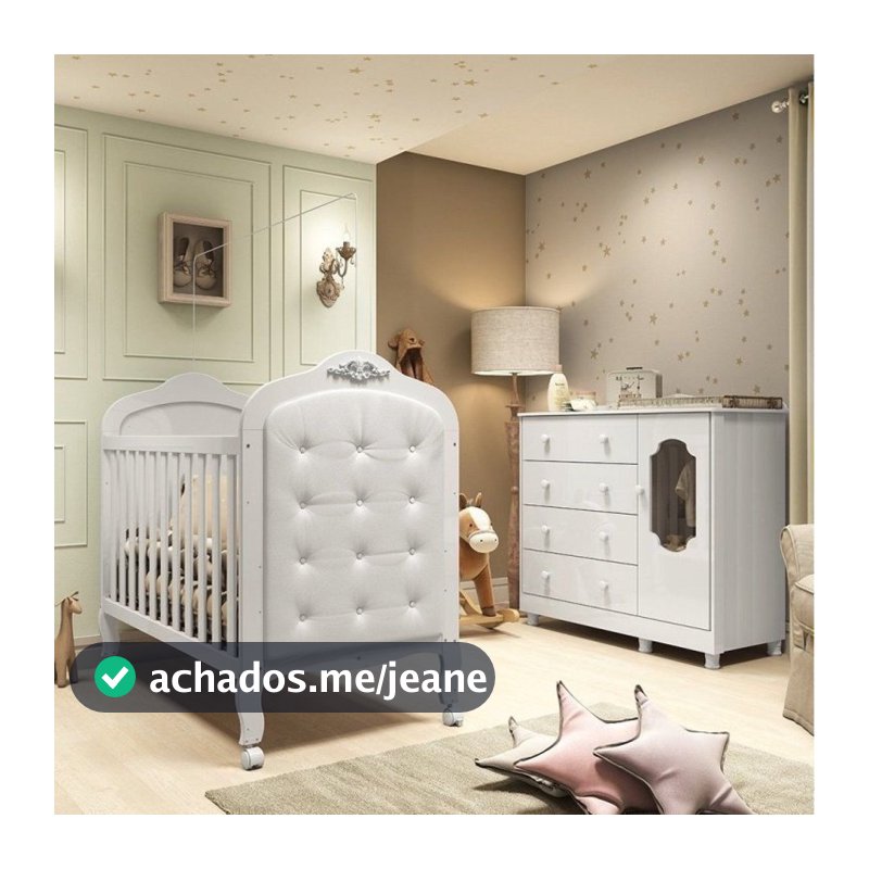Quarto de Bebê com Berço 3 em 1 com Capitonê e Cômoda 100% MDF Maya Provençal Yescasa Branco/Brilho Branco Brilho