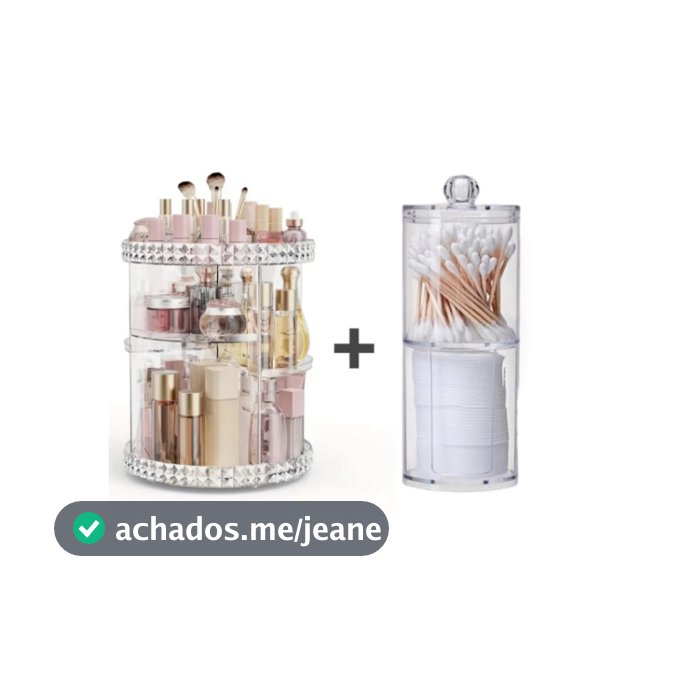 Kit Organizador Cosmético Maquiagem Acrílico Giratório 360º + Organizador Acrílico Porta Algodão E Cotonete 2 Em 1