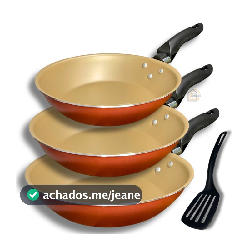 Kit Jogo Frigideiras 3 Peças 16 18 e 20 cm Francesa Antiaderente Teflon e Espatula Cor Cereja Gold