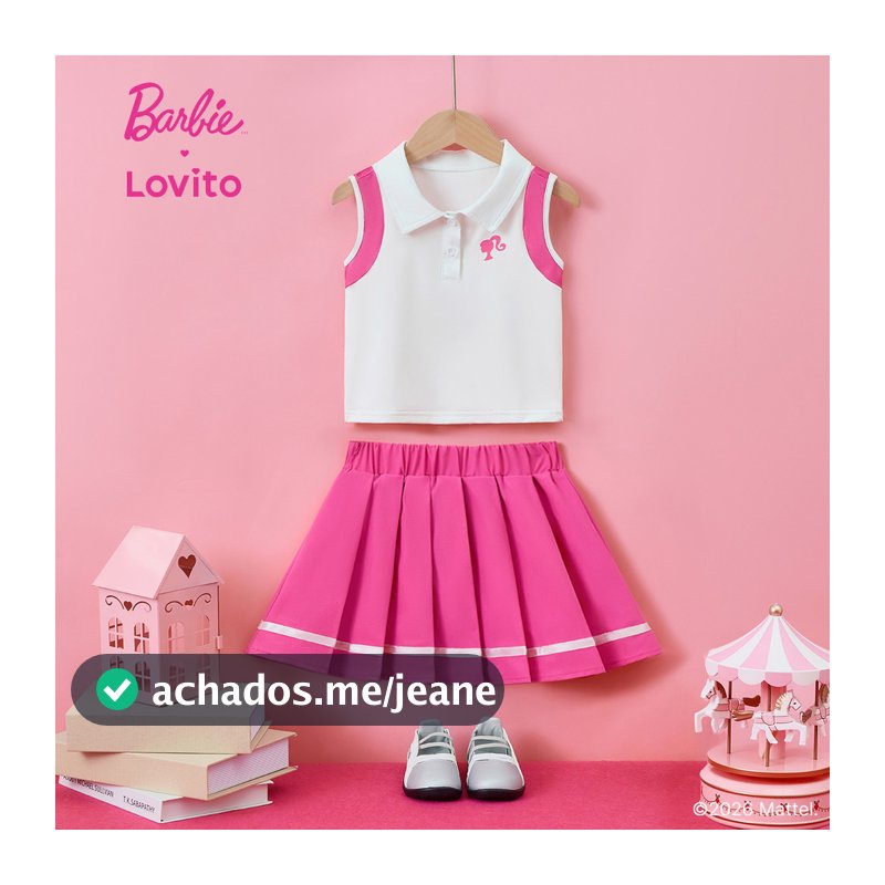 Barbie™ X Lovito Kids Casual Conjunto Saia Fofa Pregas Botões Primavera/Verão Rosa Meninas KSBL3PAD056