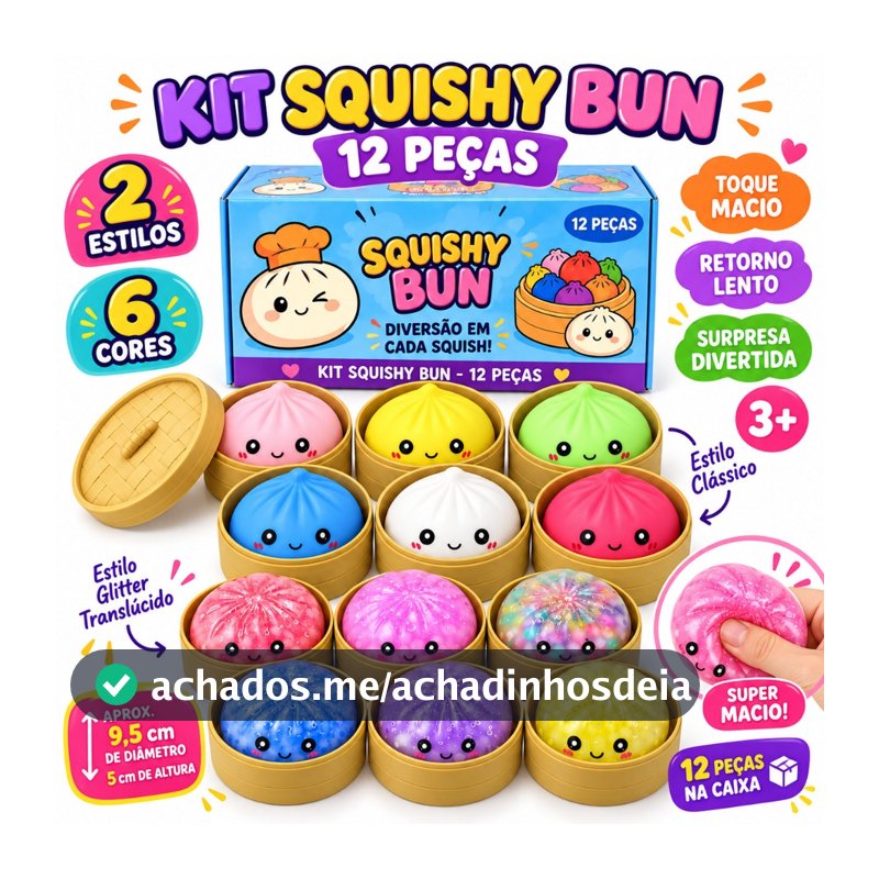 Squishy Bun Sensorial 2 Estilos 2 Tamanhos 6 Cores Brinquedo Macio Anti Estresse Retorno Lento 3+