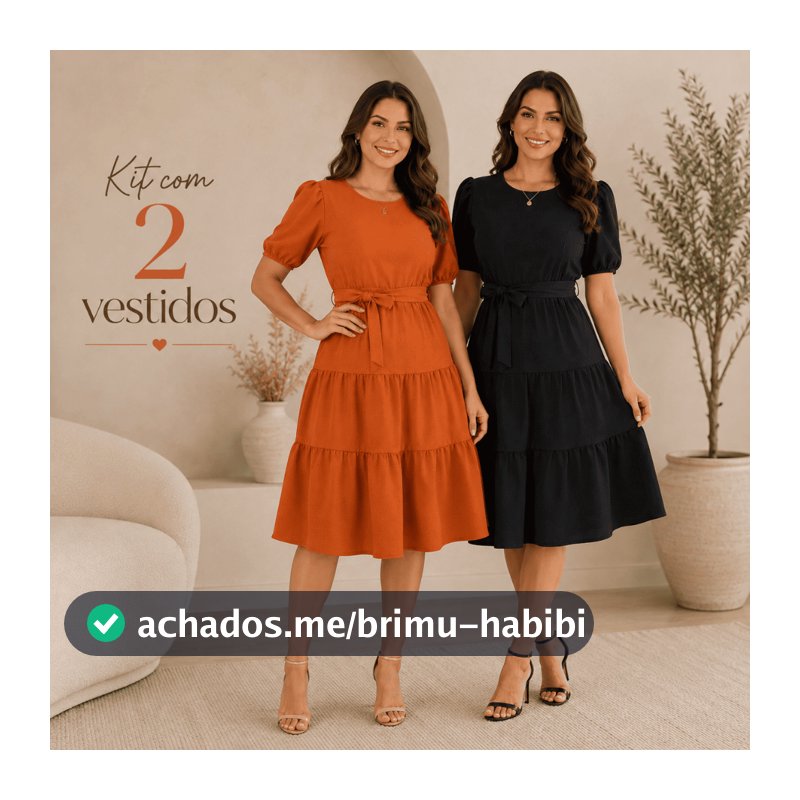 Kit 2 Vestidos Feminino Midi Luxo Liso chique Festa Confortável Elegante Premium Básico Casual Moda