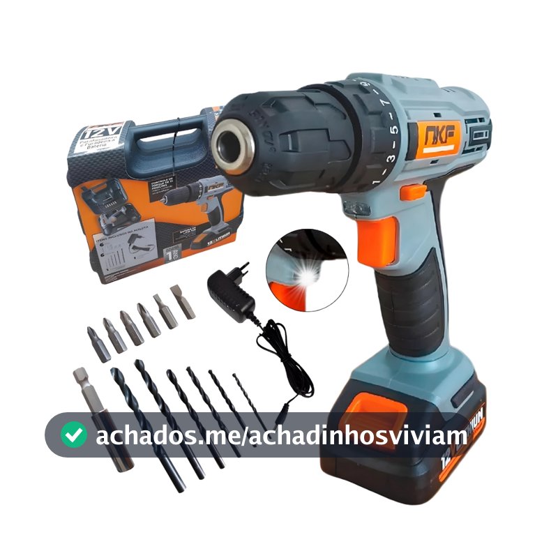 Parafusadeira Furadeira Sem Fio 12V Com Maleta Bateria Brocas e 13 Acessórios FP12X NKF